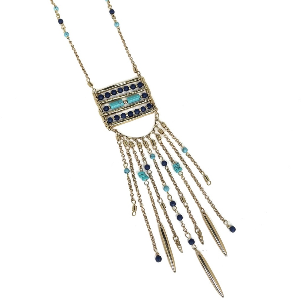 Long Beaded Statement Necklace Turquoise Color Gold Tone Jewelry Necklace